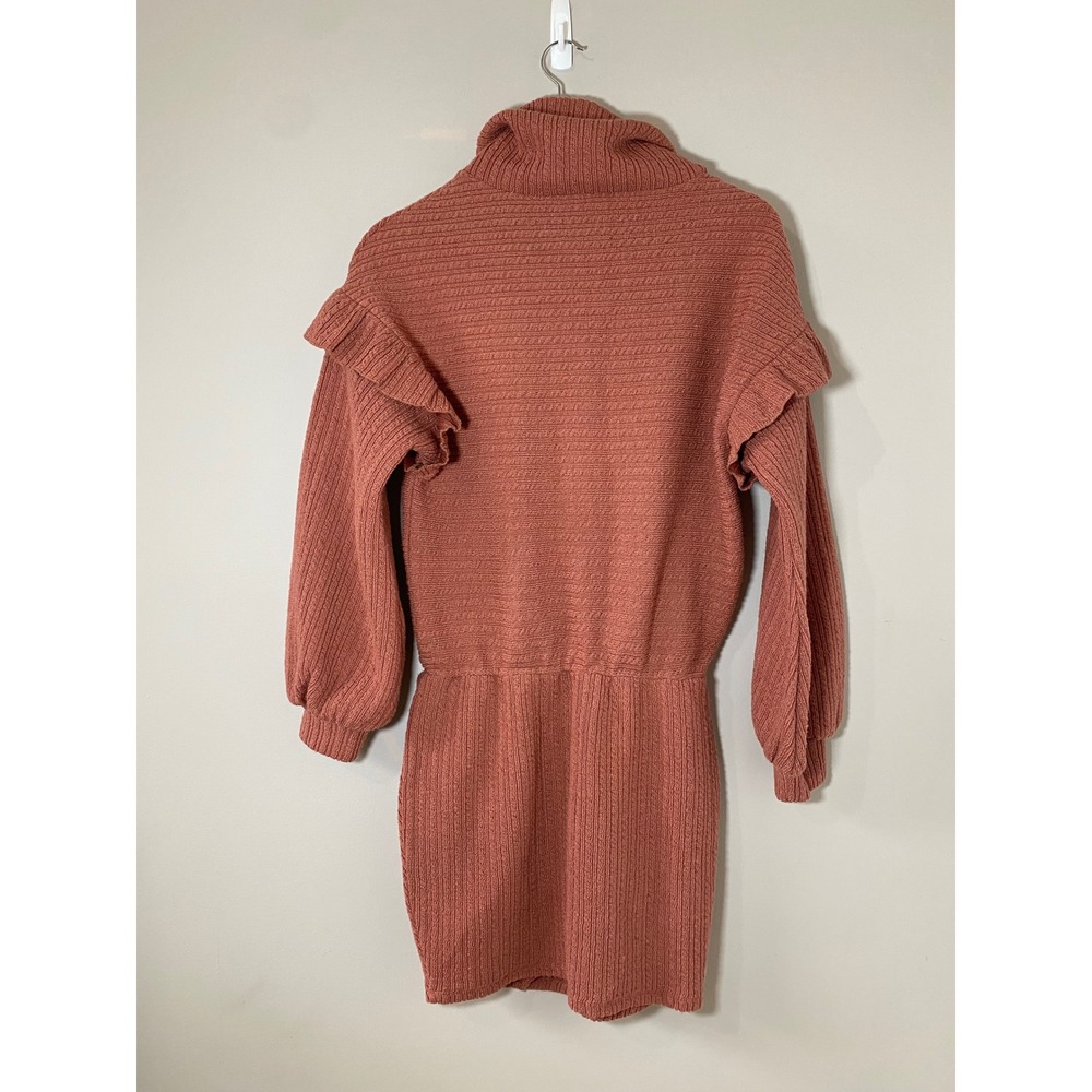 Saylor Terracotta Rust Ribbed Wool Blend Ruffle Turtleneck Wrap Mini Dress Small - Picture 3 of 5